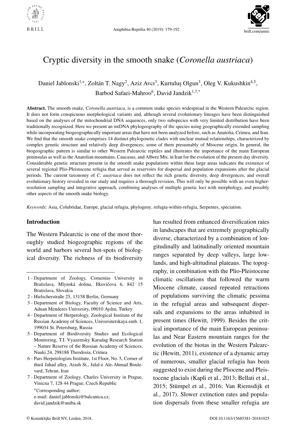 Cryptic Diversity in the Smooth Snake (Coronella Austriaca)