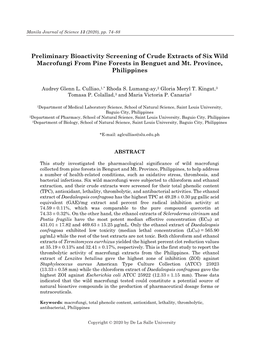 Preliminary Bioactivity Screening of Crude Extracts of Six Wild Macrofungi from Pine Forests in Benguet and Mt