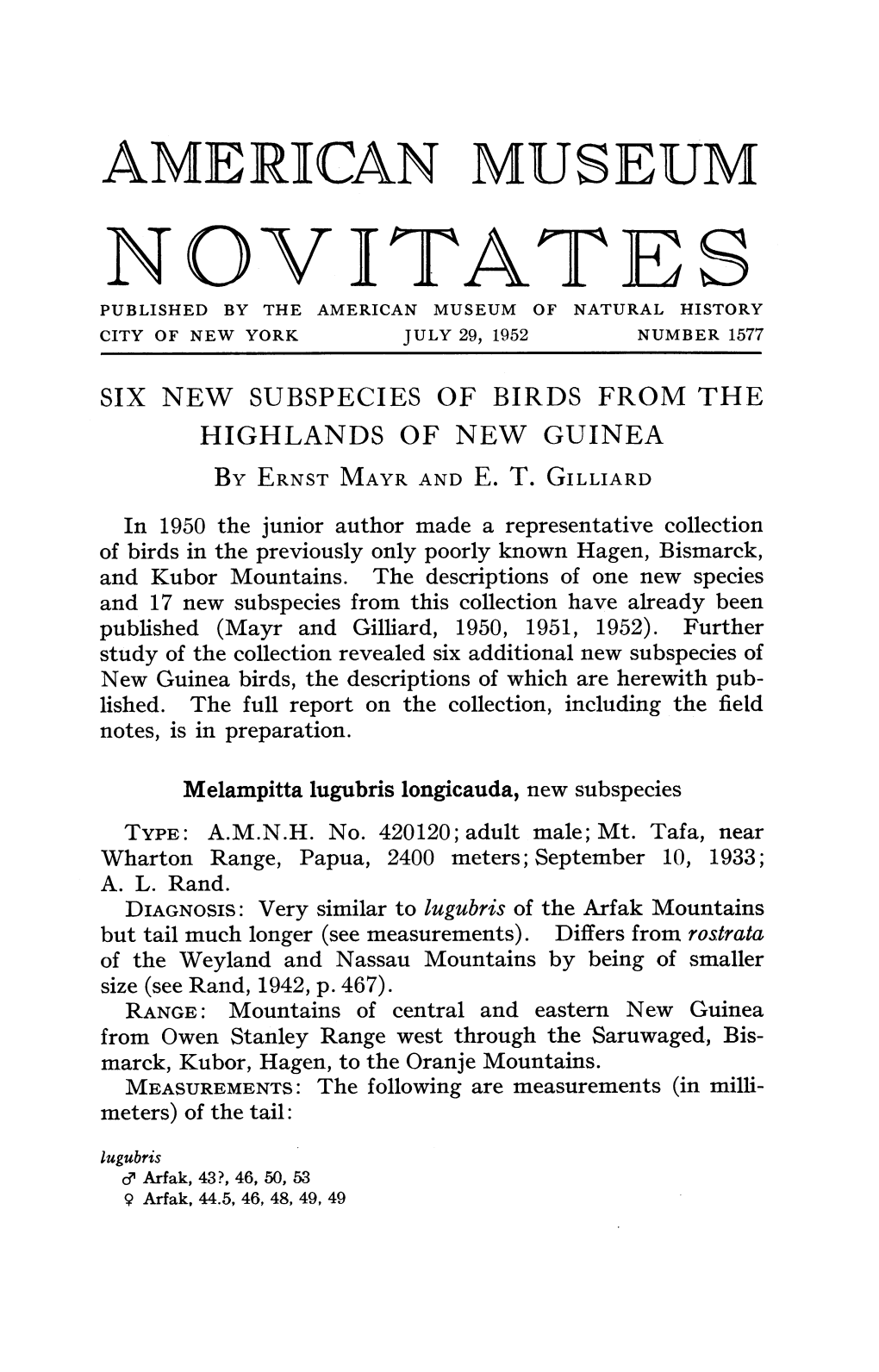 Novyitates Published by the American Museum of Natural History City of New York July 29, 1952 Number 1577