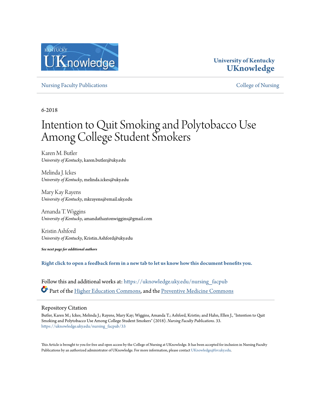 Intention to Quit Smoking and Polytobacco Use Among College Student Smokers Karen M