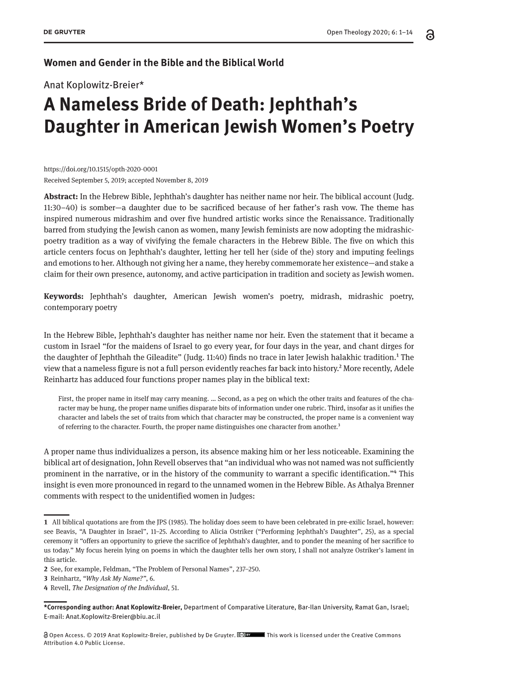 Jephthah's Daughter in American Jewish Women's Poetry