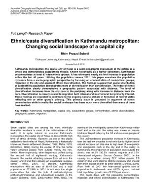 Ethnic/Caste Diversification in Kathmandu Metropolitan: Changing Social Landscape of a Capital City