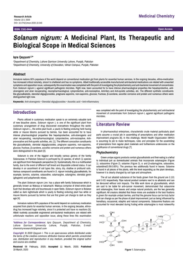 Solanum Nigrum: a Medicinal Plant, Its Therapeutic and Biological Scope in Medical Sciences