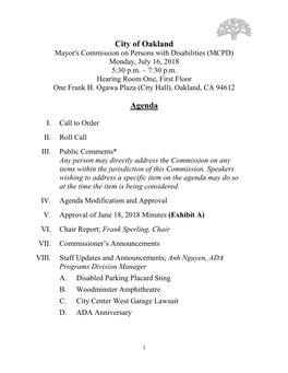 Mayor's Commission on Persons with Disabilities July 16, 2018 Agenda