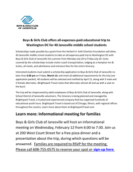 Learn More: Informational Meeting for Families Boys & Girls Club of Janesville Will Host an Informational Meeting on Wednesday, February 12 from 6:00 to 7:30