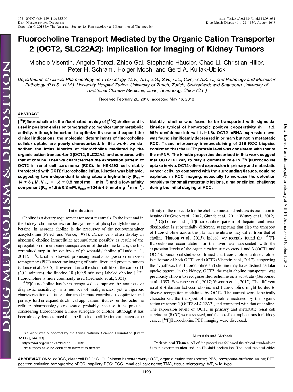 Fluorocholine Transport Mediated by the Organic Cation Transporter 2 (OCT2, SLC22A2): Implication for Imaging of Kidney Tumors