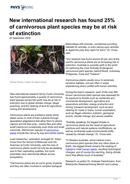 New International Research Has Found 25% of Carnivorous Plant Species May Be at Risk of Extinction 24 September 2020
