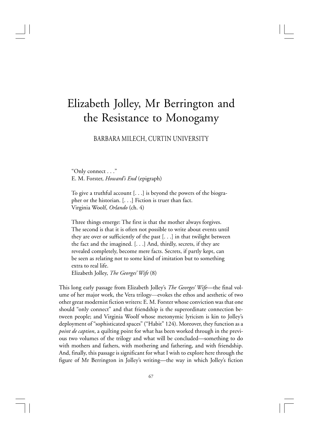 Elizabeth Jolley, Mr Berrington and the Resistance to Monogamy