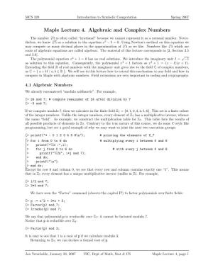 Maple Lecture 4. Algebraic and Complex Numbers