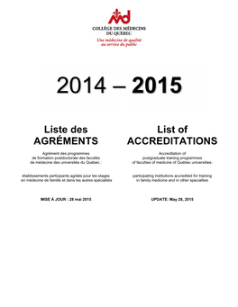 Liste Des Agréments - CÉMA 20150528 2 EXPLICATIONS Programme / Programme Établissements / Institutions Remarques