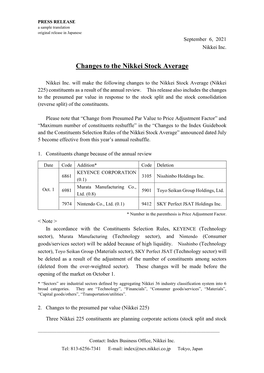 Changes to the Nikkei Stock Average