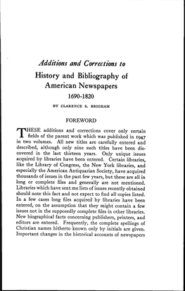 History and Bibliography of American Newspapers 1690-1820