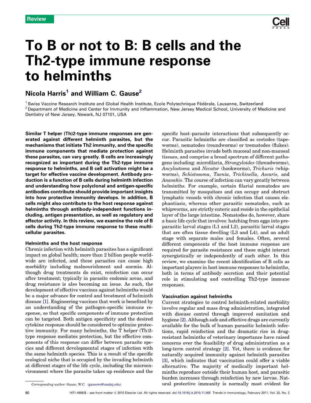 B Cells and the Th2-Type Immune Response to Helminths