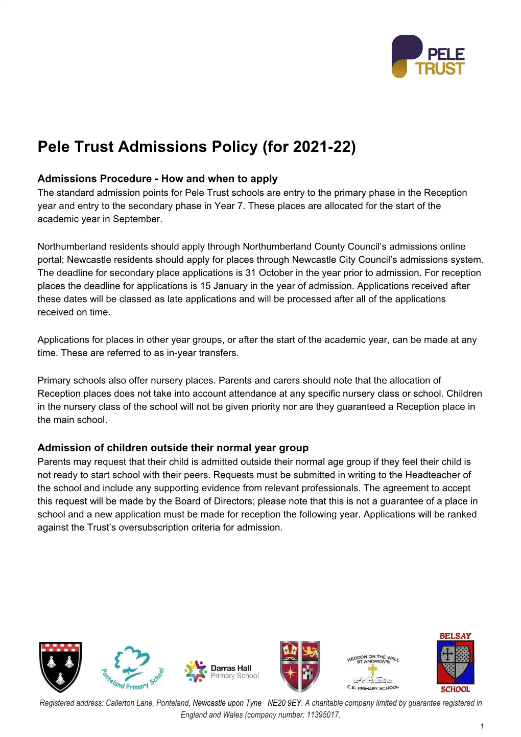 Pele Trust Admissions Policy (For 2021-22)