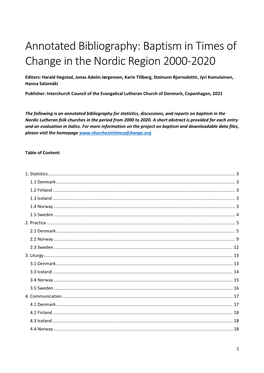 Annotated Bibliography: Baptism in Times of Change in the Nordic Region 2000-2020