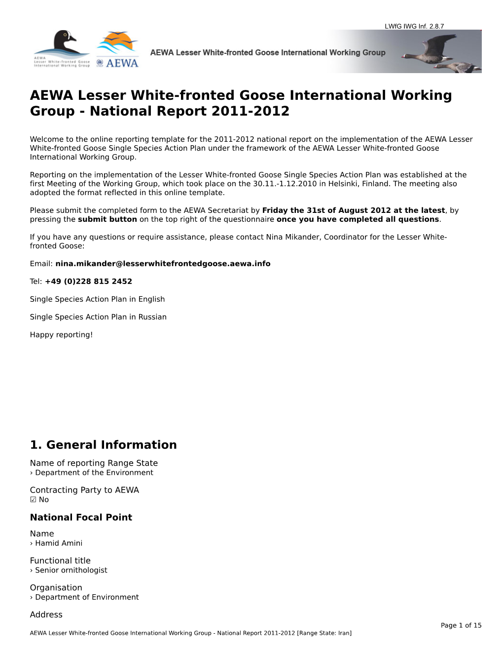AEWA Lesser White-Fronted Goose International Working Group - National Report 2011-2012