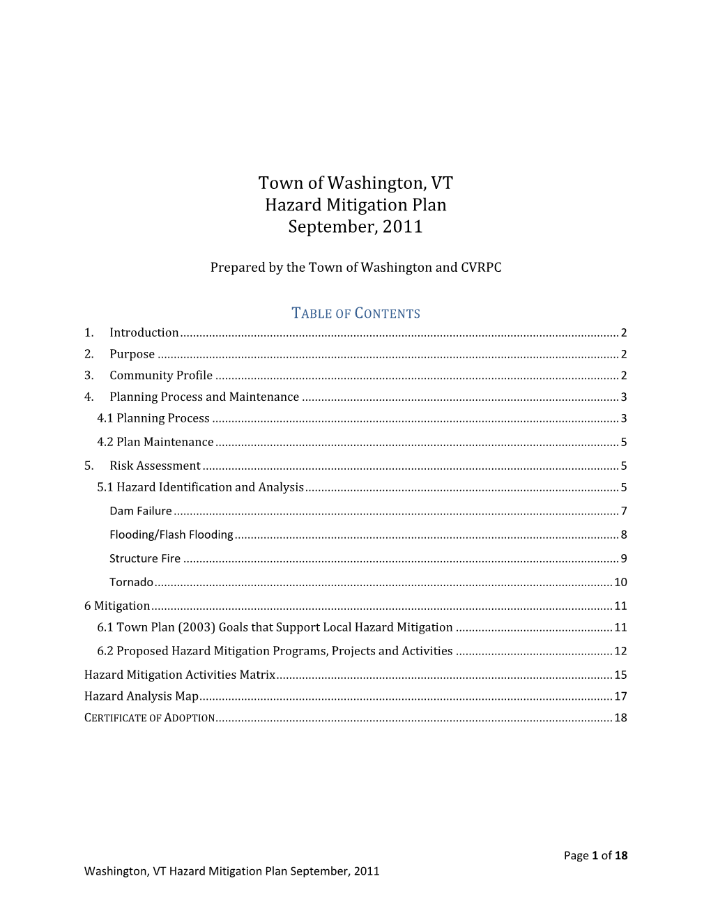 Town of Washington, VT Hazard Mitigation Plan September, 2011