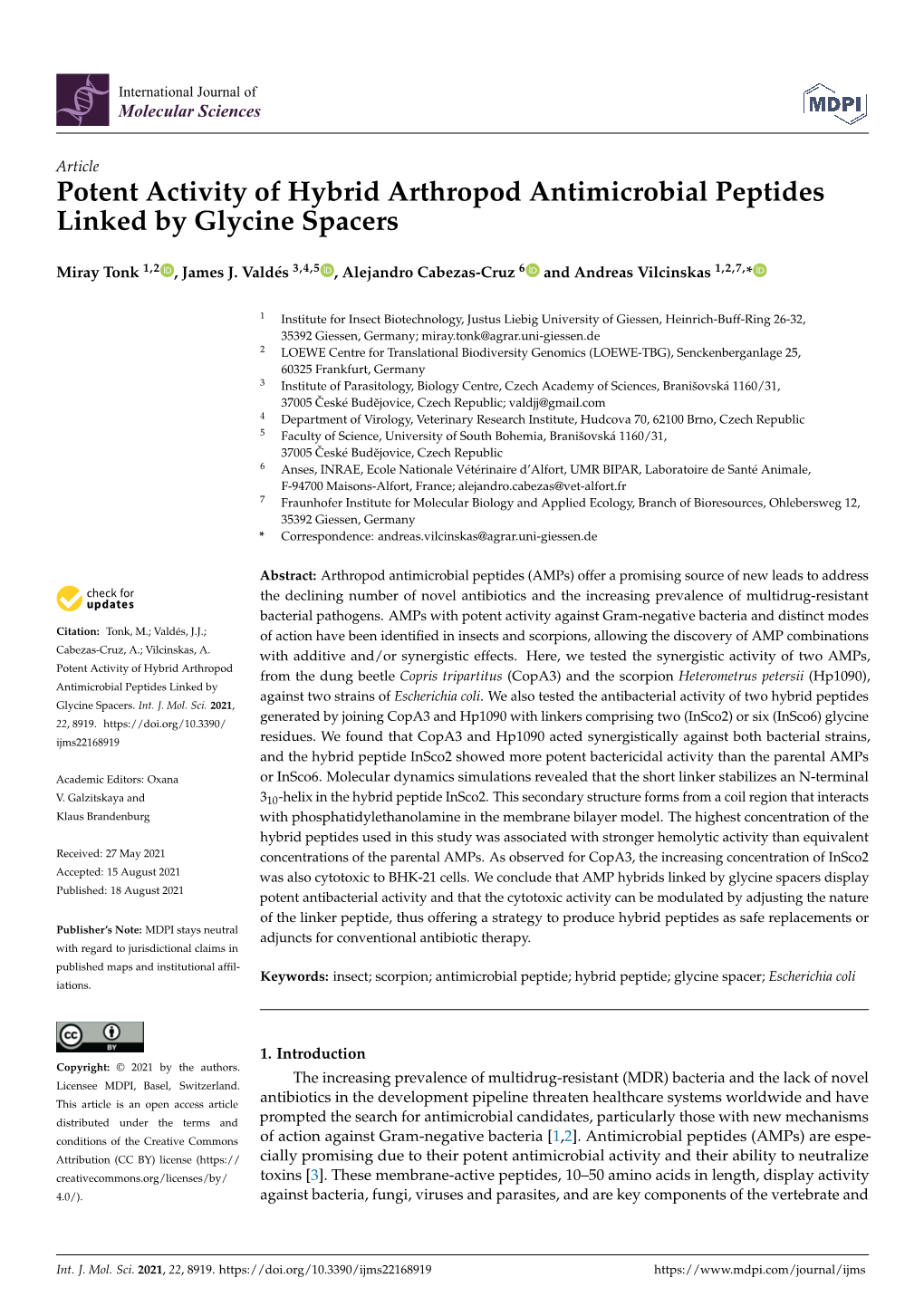 Potent Activity of Hybrid Arthropod Antimicrobial Peptides Linked by Glycine Spacers