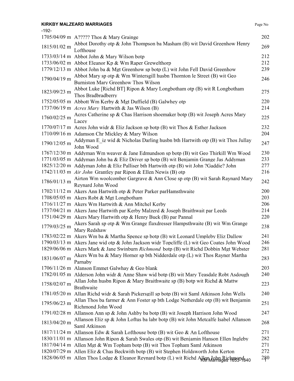 Kirkby Malzeard Marriages 1653-1905