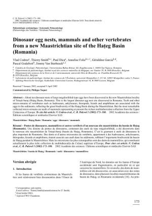Dinosaur Egg Nests, Mammals and Other Vertebrates from a New Maastrichtian Site of the Ha¸Teg Basin (Romania)