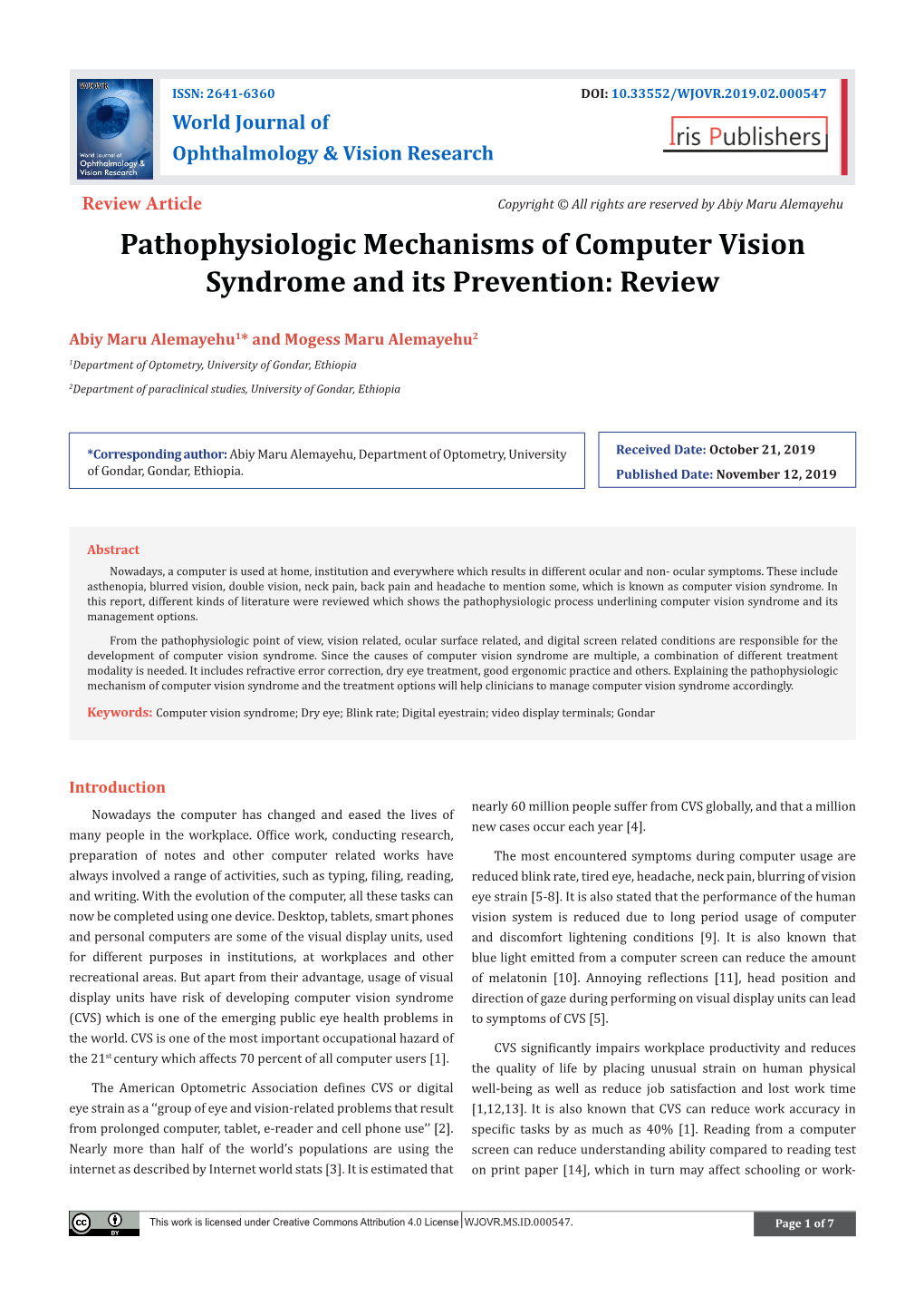 Pathophysiologic Mechanisms of Computer Vision Syndrome and Its Prevention: Review