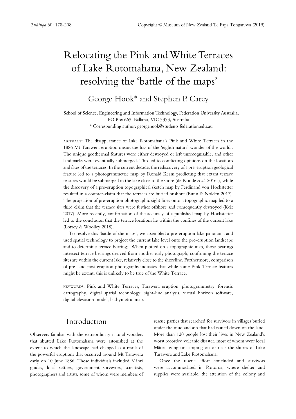 Relocating the Pink and White Terraces of Lake Rotomahana, New Zealand: Resolving the ‘Battle of the Maps’ George Hook* and Stephen P