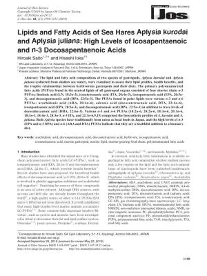 Lipids and Fatty Acids of Sea Hares Aplysia Kurodai and Aplysia Juliana