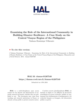 Examining the Role of the International Community in Building Disaster Resilience: a Case Study on the Central Visayas Region Of