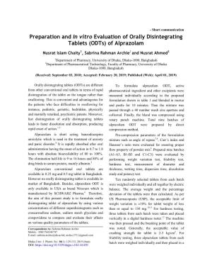 Preparation and in Vitro Evaluation of Orally Disintegrating Tablets (Odts) of Alprazolam