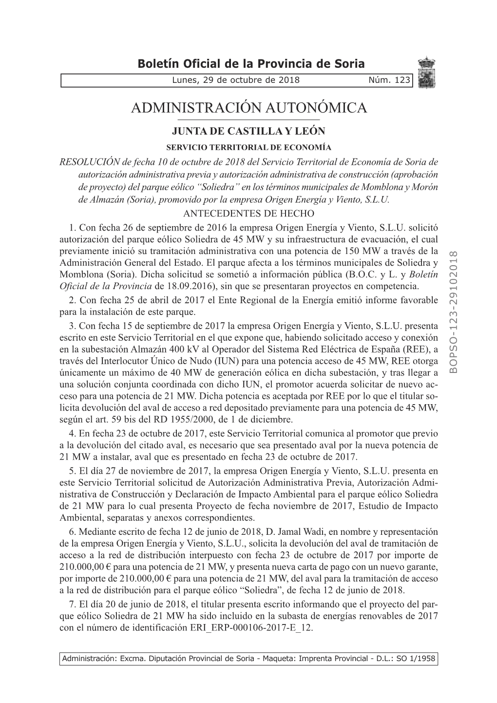 Boletín Oficial De La Provincia De Soria Lunes, 29 De Octubre De 2018 Núm