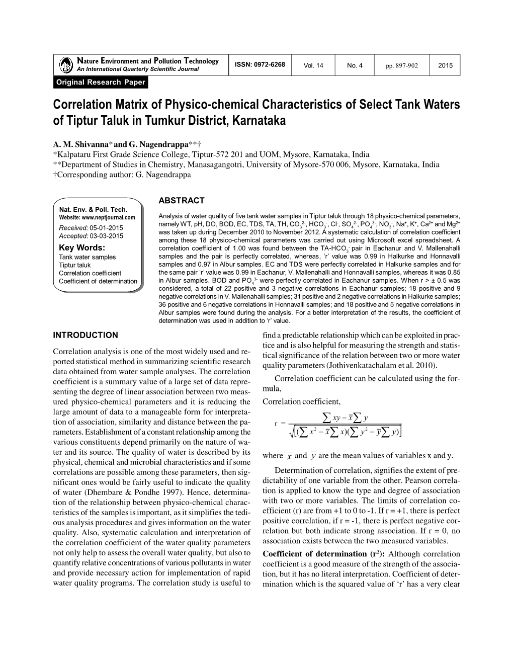 Correlation Matrix of Physico-Chemical Characteristics of Select Tank Waters of Tiptur Taluk in Tumkur District, Karnataka