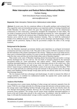 Water Interception and Radical Reform Mathematical Models Yuchen Huang North China Electric Power University, Beijing, 102206 Alanncepu@Foxmail.Com