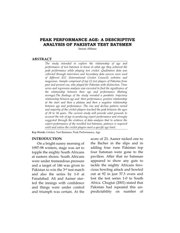 PEAK PERFORMANCE AGE: a DESCRIPTIVE ANALYSIS of PAKISTAN TEST BATSMEN Imran Abbass