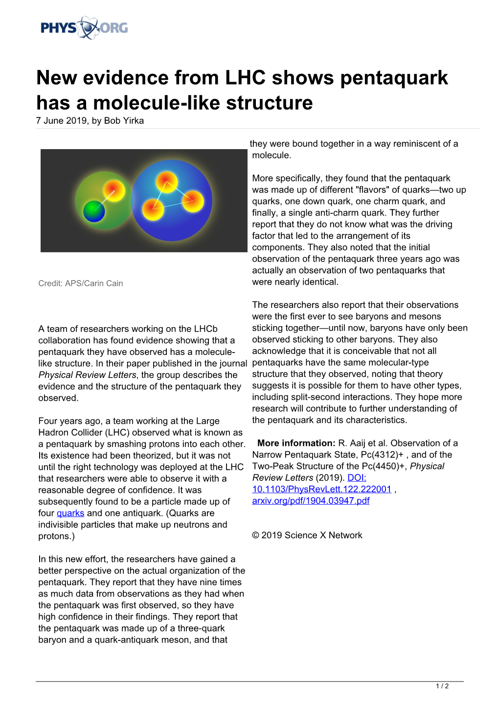 New Evidence from LHC Shows Pentaquark Has a Molecule-Like Structure 7 June 2019, by Bob Yirka