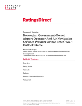 Norwegian Government-Owned Airport Operator and Air Navigation Services Provider Avinor Rated 'AA-'; Outlook Stable