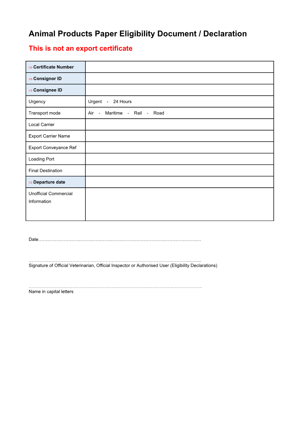 Animal Products Paper Eligibility Document / Declaration