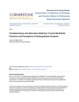 Complementary and Alternative Medicine: Current Mind-Body Practices and Perceptions of Undergraduate Students