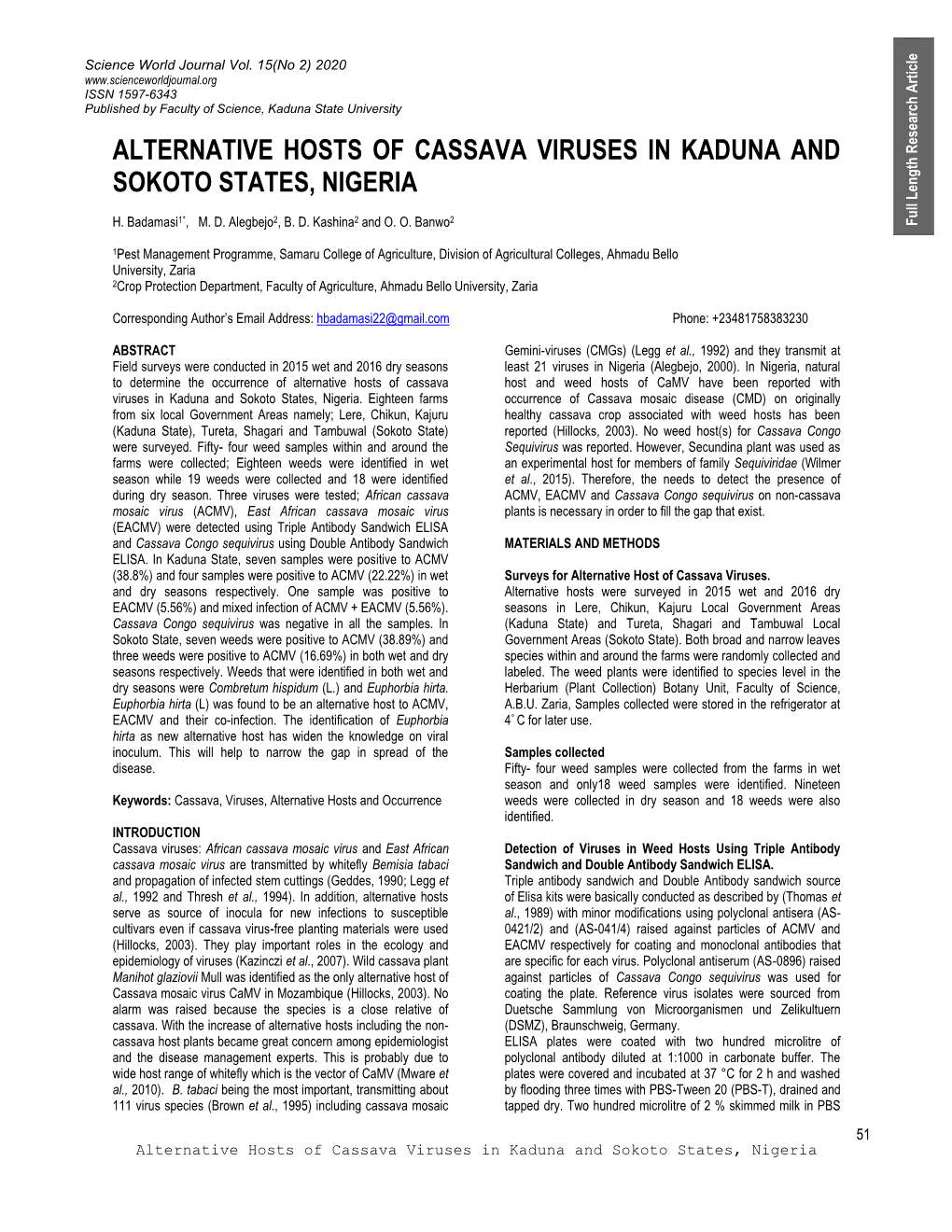 Alternative Hosts of Cassava Viruses in Kaduna and Sokoto States, Nigeria
