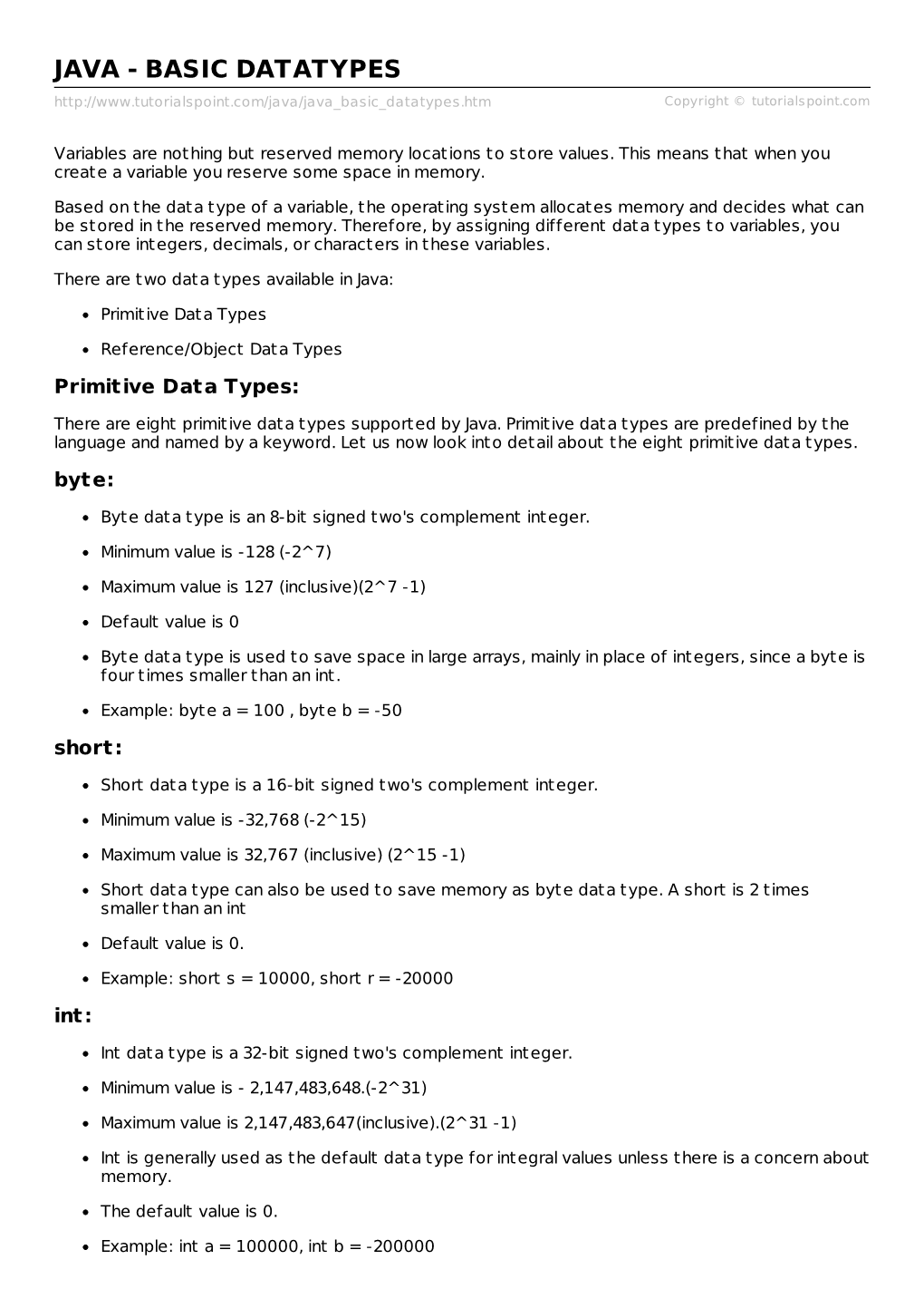 JAVA - BASIC DATATYPES Copyright © Tutorialspoint.Com