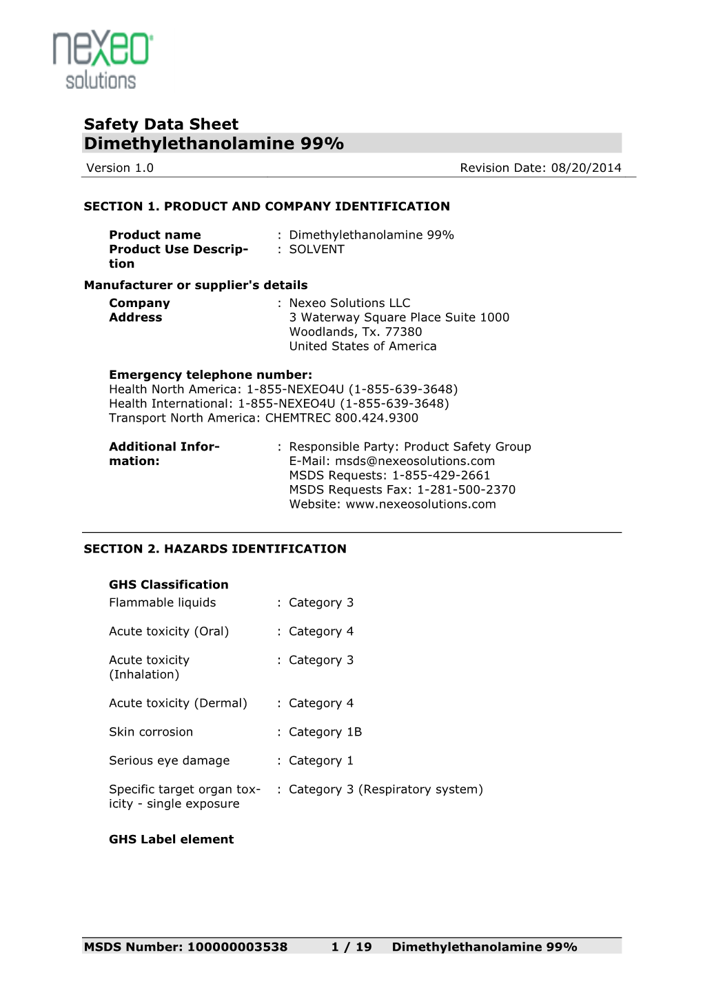 Dimethylethanolamine 99% Version 1.0 Revision Date: 08/20/2014