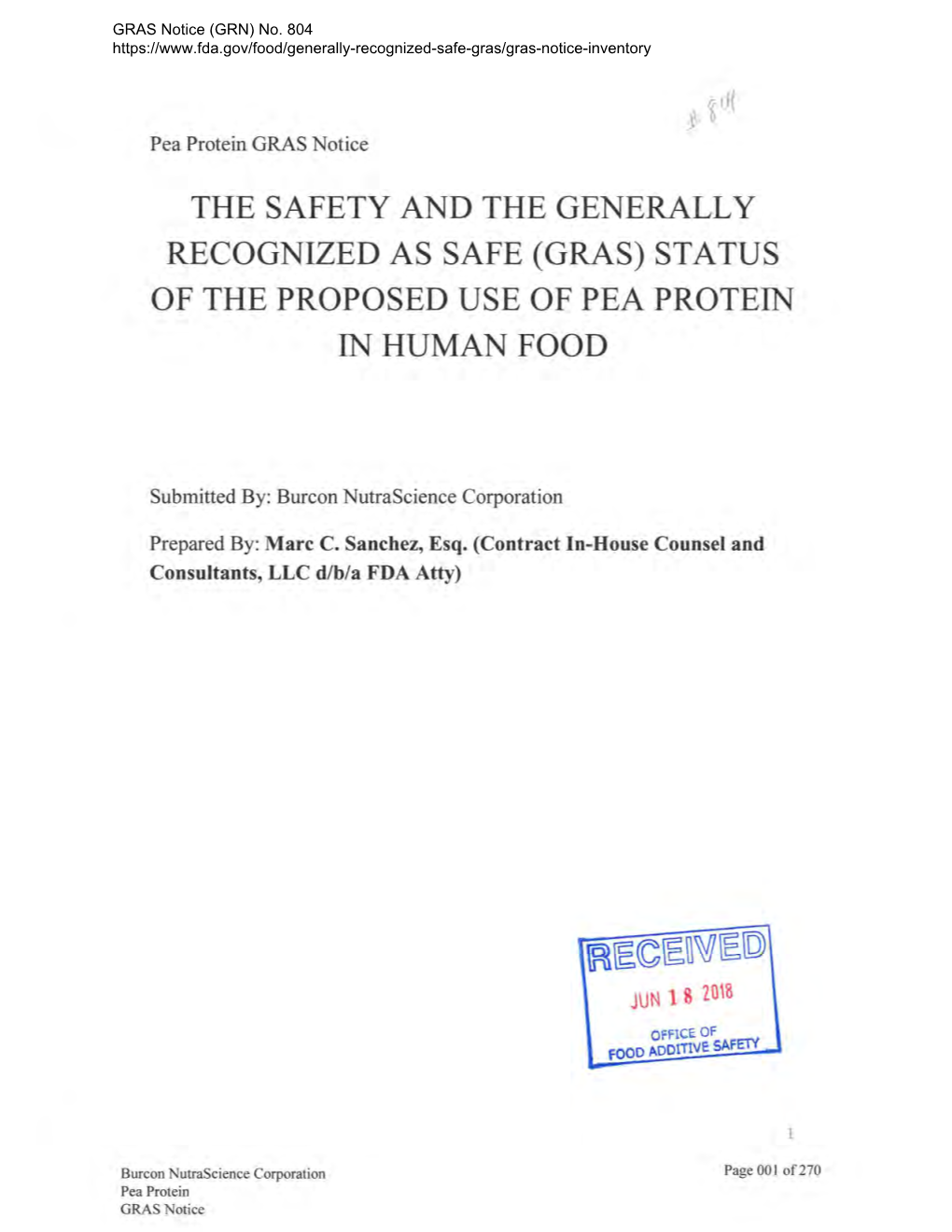 GRAS Notice 804 for Pea Protein