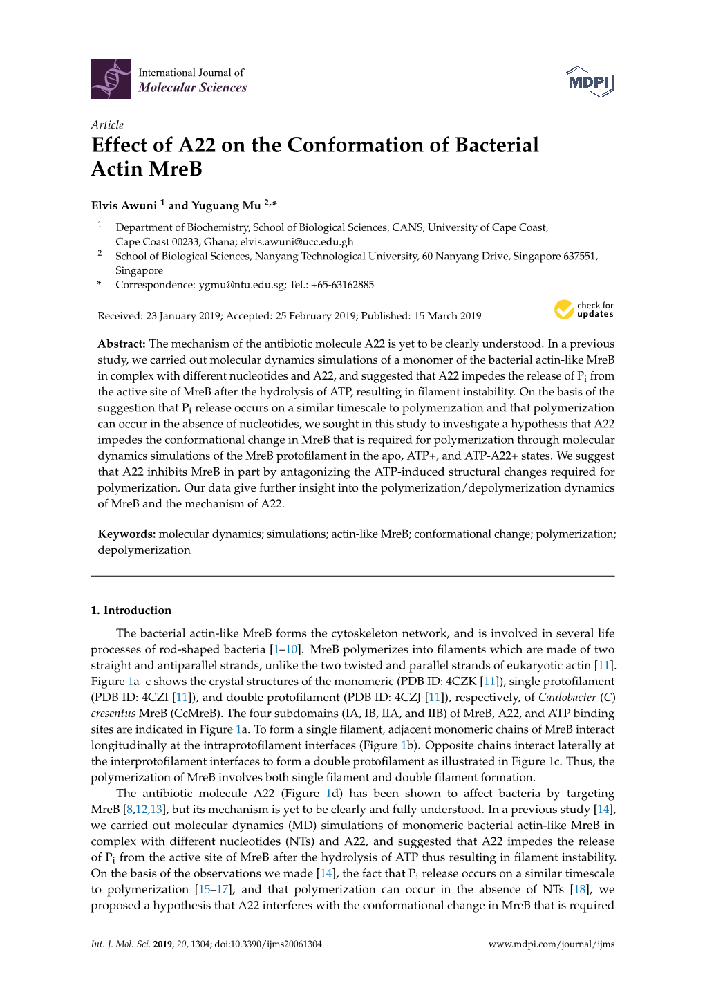 Effect of A22 on the Conformation of Bacterial Actin Mreb