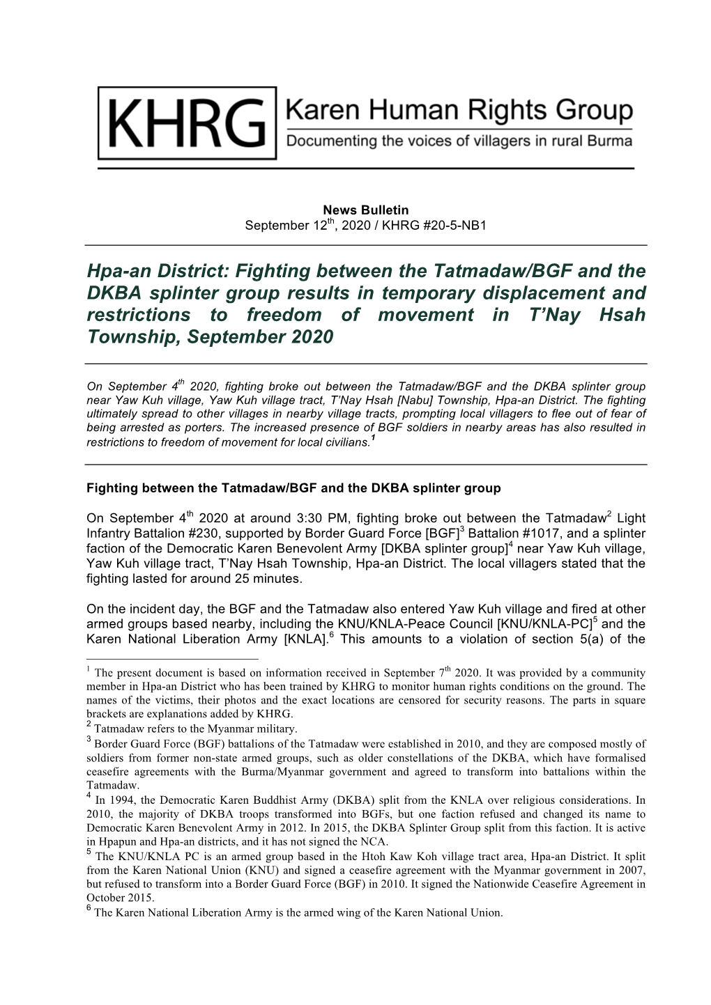 Hpa-An District: Fighting Between the Tatmadaw/BGF And