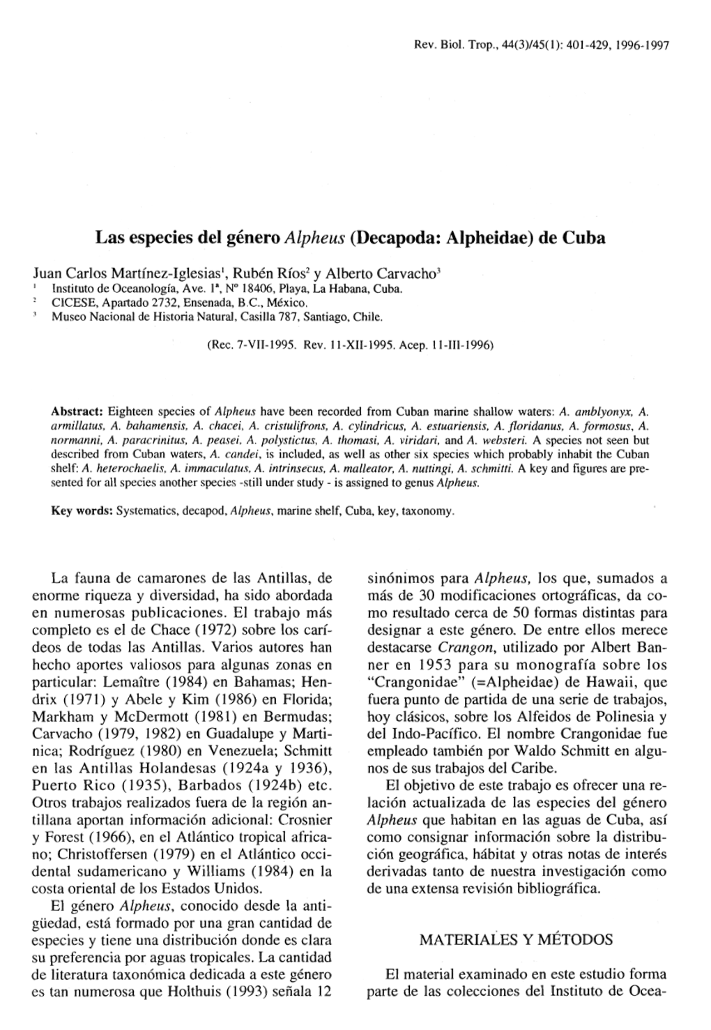 Las Especies Del Género Alpheus (Decapoda: Alpheidae) De Cuba