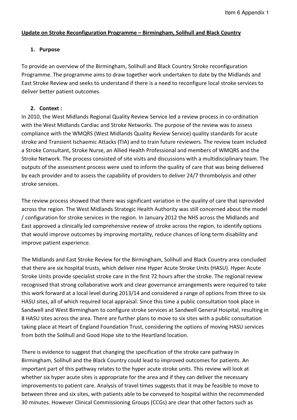 Update on Stroke Reconfiguration Programme – Birmingham, Solihull and Black Country