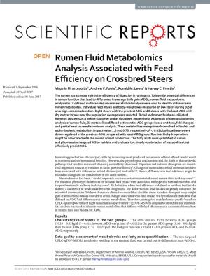 Rumen Fluid Metabolomics Analysis Associated with Feed Efficiency on Crossbred Steers Received: 8 September 2016 Virginia M