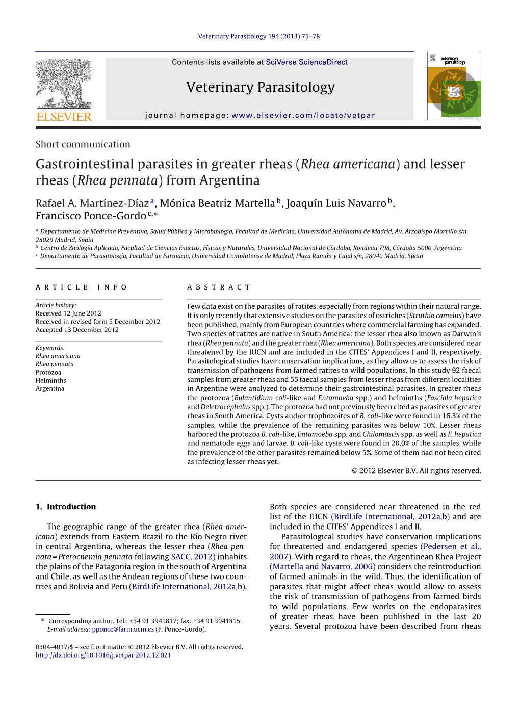 Gastrointestinal Parasites in Greater Rheas (Rhea Americana) and Lesser