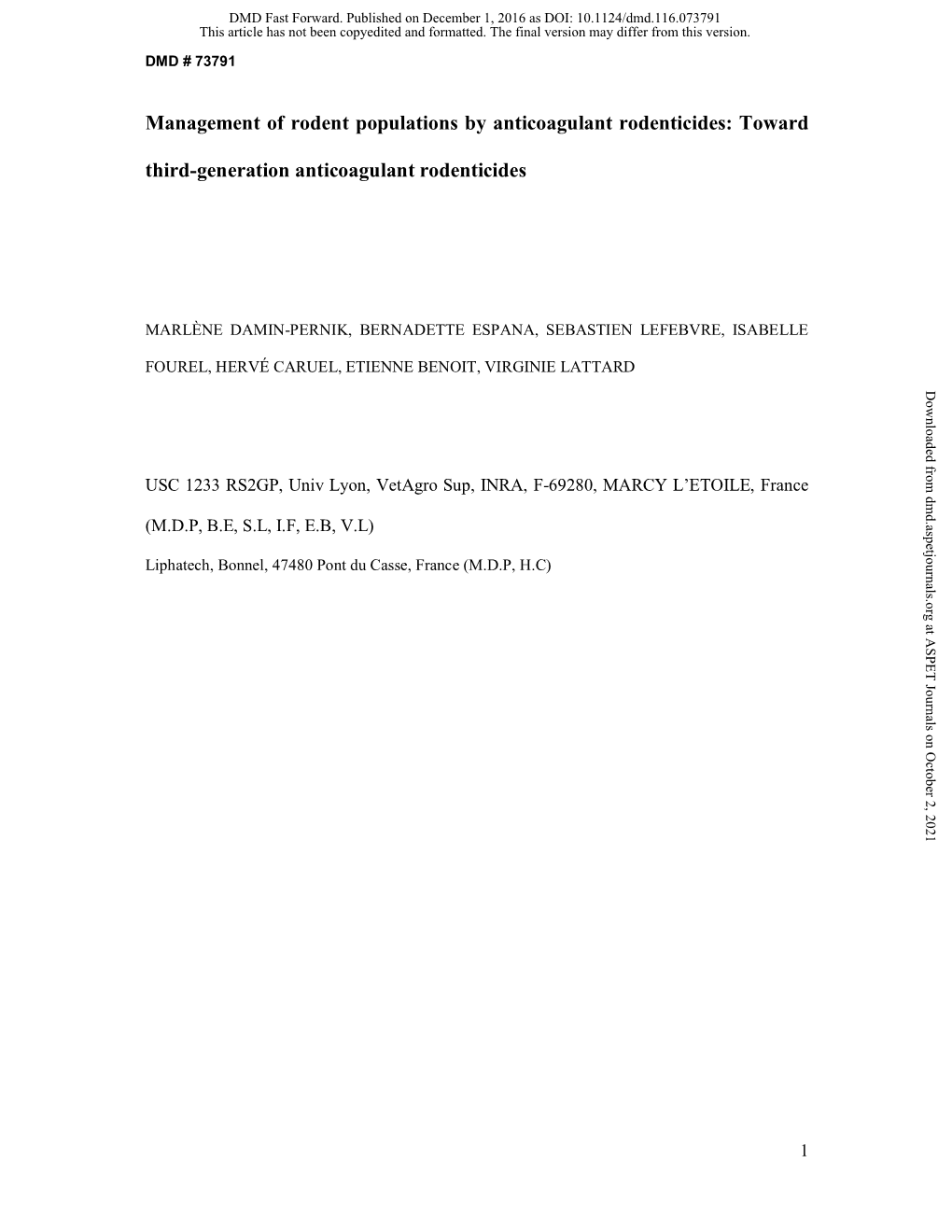 Management of Rodent Populations by Anticoagulant Rodenticides: Toward Third-Generation Anticoagulant Rodenticides