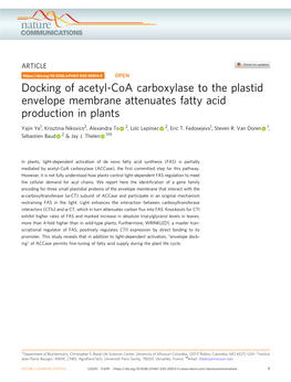Docking of Acetyl-Coa Carboxylase to the Plastid Envelope Membrane Attenuates Fatty Acid Production in Plants