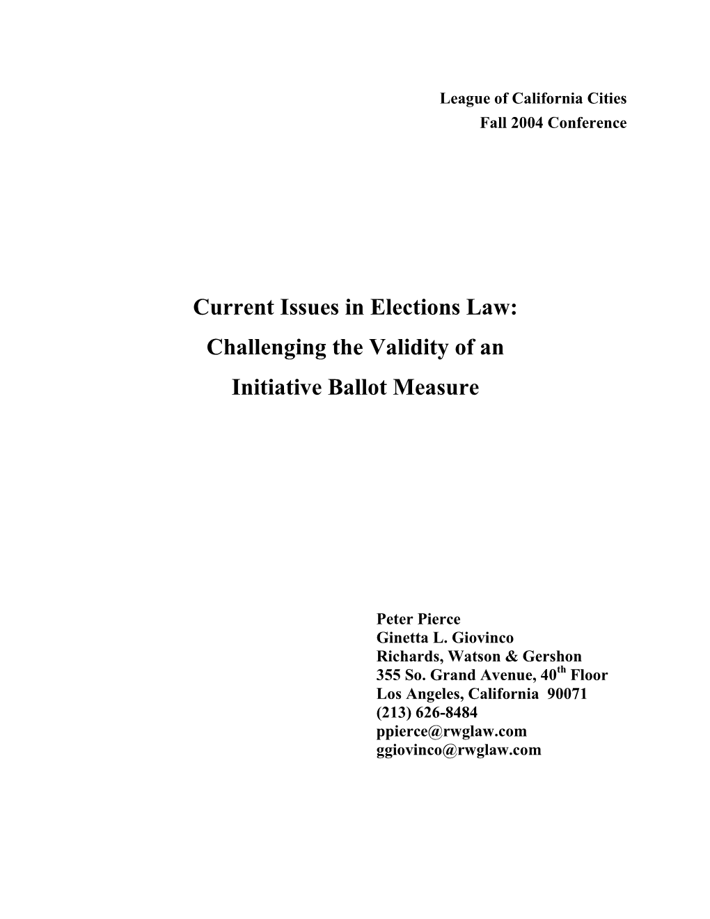 Current Issues in Elections Law: Challenging the Validity of an Initiative Ballot Measure